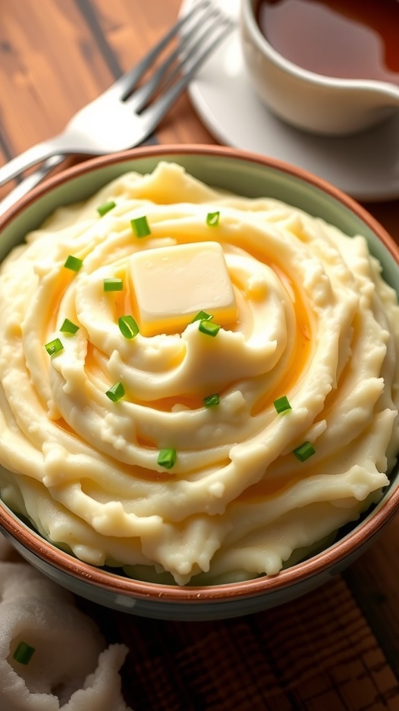 Creamy Mashed Potatoes Recipe A bowl of creamy mashed potatoes with butter and chives on a rustic table.